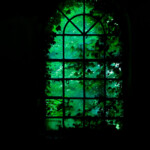 ein zugewachsenes, nach oben rundes Fenster