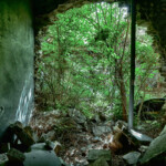 Blick von Innen nach draußen durch eine eingefallene Mauerwand